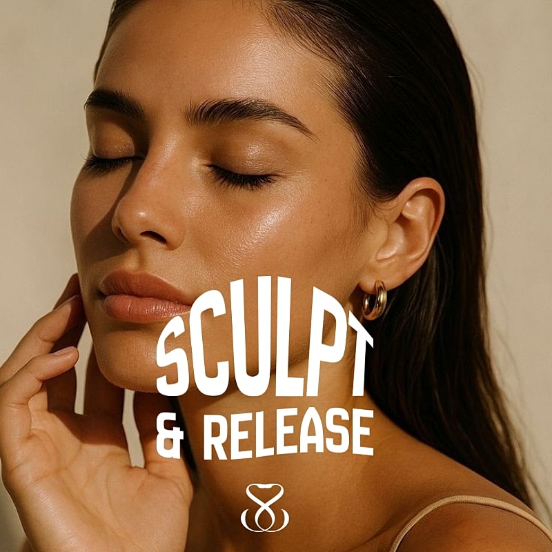 Woman with glowing skin promoting sculpting technique