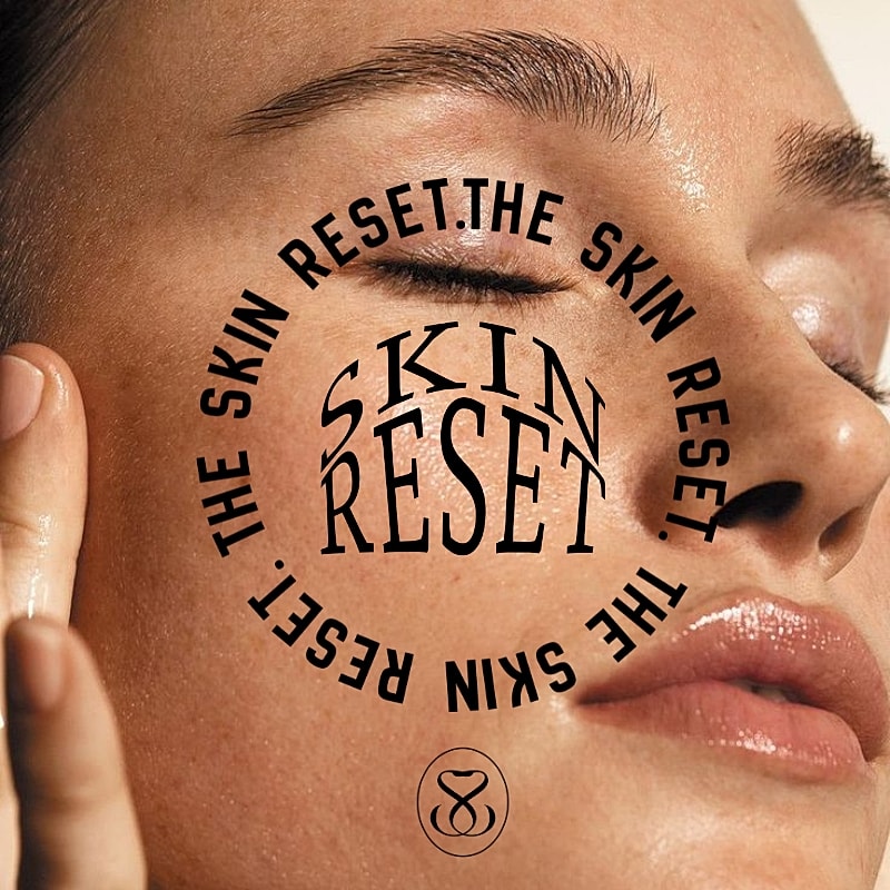 Skincare promotion featuring glowing skin and logo.