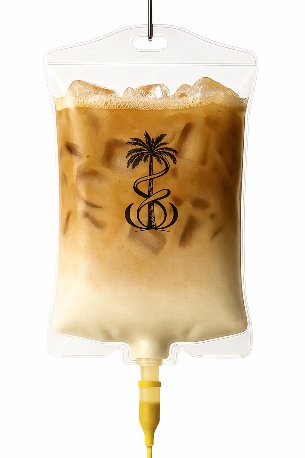 Iced coffee in an IV drip bag.