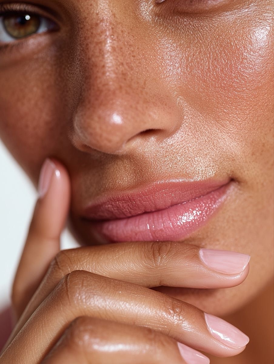 Young woman with flowing dark hair, soft expression.